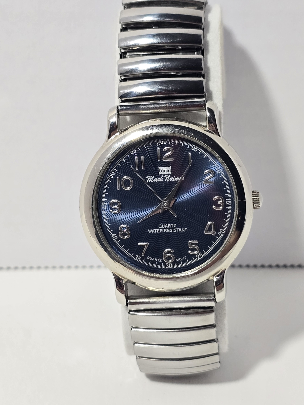 Vintage Mark Naimer Silver Tone Expandable Stretch Band Watch – Navy Blue Dial.
